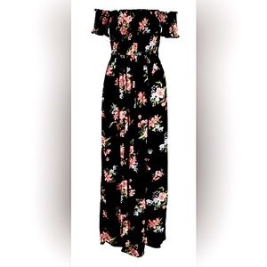 Off Shoulder Smocked Floral Maxi Romper Dress